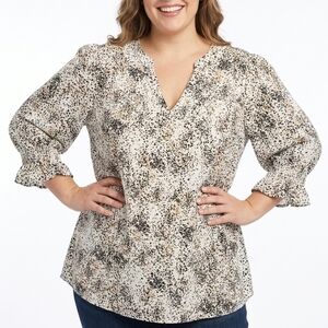 Jones & Co Plus Size Cream with Black and Brown Spot Print Blouse